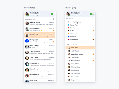 Chat list chat chat app chat screen list orange product design search bar sidebar toggle typography ui ux web application web design