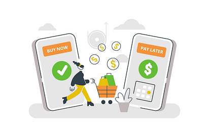 Buy now pay later concept business business people buy now pay later buyer buying cash character concept design ecommerce flat illustration money office people phone shopping team vector