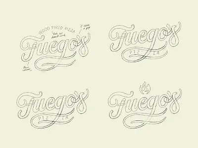 Fuego's Pizzeria Logo Sketches custom logotype custom type food branding food logo hand lettering hand lettering logo handlettering lettering lettering logo logotype logotypes pizza box pizza branding pizza logo pizza packaging restaurant branding restaurant logo script logo