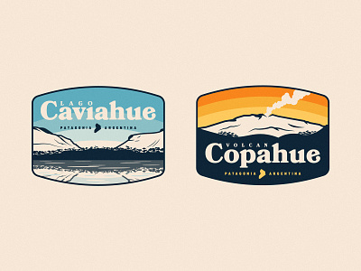 Caviahue / Copahue araucaria argentina badge forest illustration label lake national park neuquen patagonia reflection retro stickers sunrise sunset tree vintage volcano water