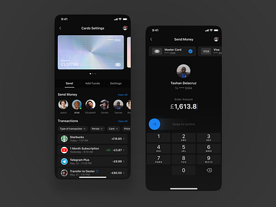 Mobile Banking - Fintech Mobile App (Dark UI) app balance bank bank app banking banking app cards ui clean credit card dark ui design financial app fintech fintech app minimal money money transfer spendings ui ux
