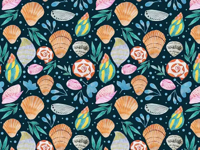 seashell pattern art for sale ayasha surfacepattern fabric pattern hand drawn print and pattern seamless pattern seashell surface pattern surface pattern design textile design textile pattern textile print watercolor