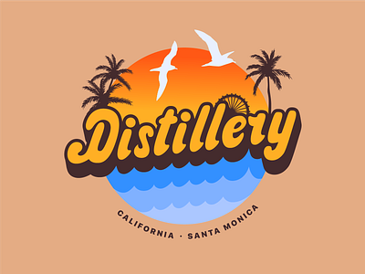 Distillery Santa Monica ver3 ai art badge blue branding california design emblem illustration lettering logo ocean palmtree print seagulls sunset typography vector vintage west coast