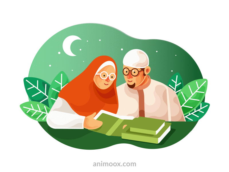 Muslim couple reading the Quran_Ramdan 2021 2.5d adobe after effect aftereffects animation after effects arabic education gif animation happy hijab html5 illustration animation koran lottie lottiefiles ramadan kareem ramazan read holy quran svg animation vector animation