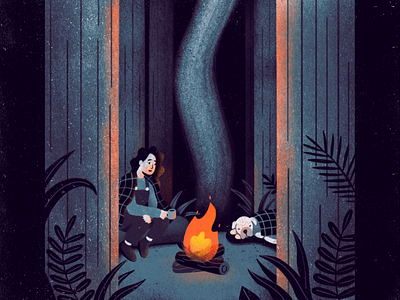 Campfire animation campfire camping dog fire flame forest frame animation framebyframe illustration lady nature night procreate smoke texture trees woods