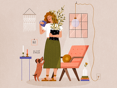 Apartment Life apartment design dog furniture hand drawn illustration illustrator lady people pet plant procreate texture woman