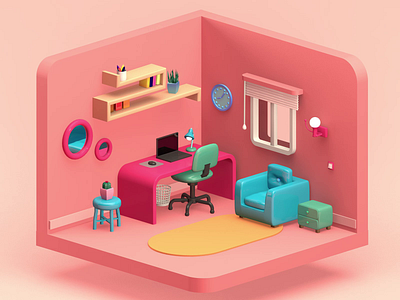 Work room 3d 3d art 3d concept animation art c4d chair cinema4d clock concept huse illustration isometric isometric design mirror room sofa window work room