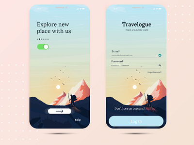 Travel mobile app with login screen and homescreen portfolio 01 app design flat gradient graphic design illustration illustrator minimal ui ux