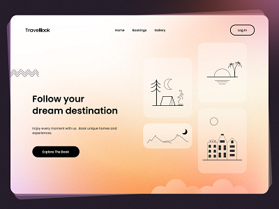 Landing page: travelbook clean design desktop glass effect gradient graphic illustration landing landingpage minimal simple travel ui uidesign vector web webdesign website