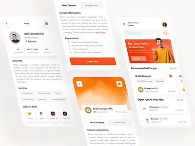 Job Finder Mobile App apply bookmark card clean design flat graphic design header job job finder mockup profile recommended skills ui ui mobile user interface ux