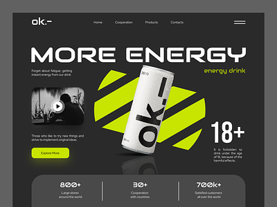 OK - Energy Drink Website Dark Style branding creative dark ui dark webdesign drinks energetic energy interface landing page product product website red bull ui web design website
