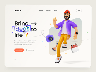 Note.io – Hero Header 3d 3d asset 3d character 3d illustration app app design camera clean hero header idea illustration landing page minimal note note app typography ui ui design ux ux design