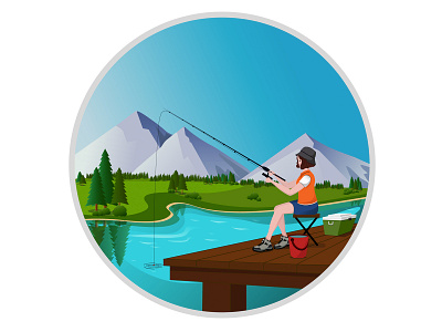 Fishing design fisher fishing girlspower illustration lake mountain vector