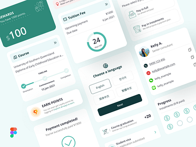 UI Components for Student App components contactcard figmadesign iconinapp iosapp minimalistic mobileappdesign reward card rewards student student app swtichlanguage timeline uicomponent uicomponents