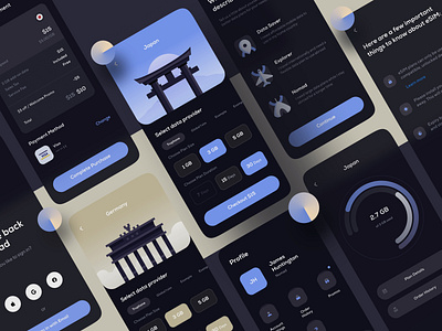 eSIM App (Dark Theme - UI Elements) app checkout colorfull dark theme dark ui data germany japan mobile mobile ui page styleguide travel travel app travelling ui ui ux user experience user interface ux