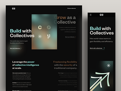 Collective • homepage desktop and mobile agency branding colorful dark dark theme dark ui desktop freelance freelancer glass glassmorphism gradient header homepage illustration landing page minimal mobile ui startup website