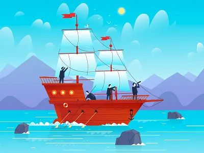 Team business businessmen cartoon character cloud concept design flat illustration landscape mountains sea ship startup team teamwork vector