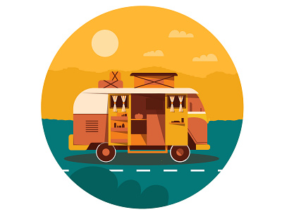 Van Life active design flat illustration landscape mountain nature road simple van van life vector