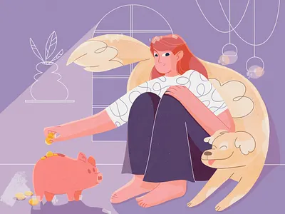 Savings 2d character art direction design characterdesign concept cute animal digital illustration finance girl character home illustration money pet saving money savings
