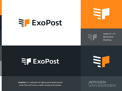 ExoPost - Logo Design 📦 a b c d e f g h i j k l m n box deliver delivery service exopost hand letter monogram logo mirror movement network o p q r s t u v w x y z parcel post shipment stack stacked unfold unit