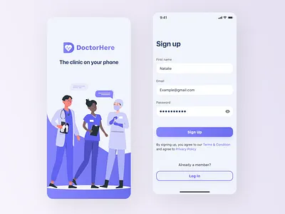 Doctor Here - medical app registration and splash screen app app bar application button design registration sign up splash typography ui user experience user interface ux white
