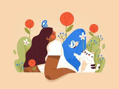 Spring is here black women cat character flowers illustration lady nature relax spring woman