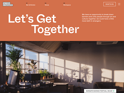 Faith in Strangers branding cafe culture flat minimal music typography ui venue website workspace