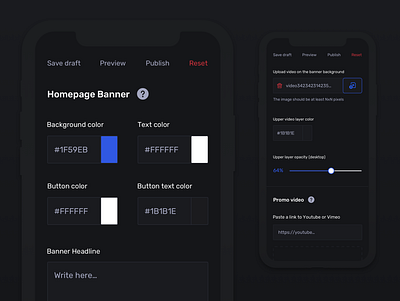 Homepage banner constructor (admin panel), dark mode admin panel back office banner settings college online digital product online education product design ui ux web