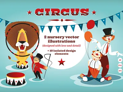 Circus Vector Nursery Illustrations animals circus clowns creative market design graphic design illustration illustrator kids illustration kids room lion nursery typography vector