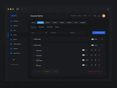 Course sections settings (admin panel), dark mode admin panel back office college online course settings digital product online education product design ui ux web