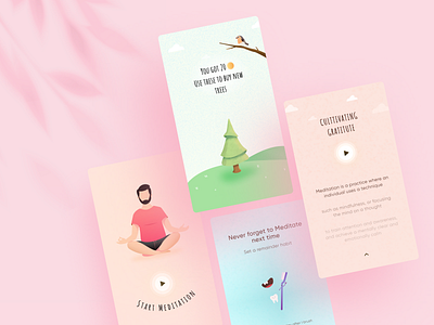 Meditation App artwork branding calm forest illustraion immersive internship joy man meditation new pink play soothing trees trending ui design ux design visual art visual design