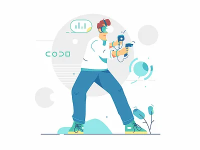 VR glasses accessory development entertainment flat fun future glasses guy illustration improvement innovative man modern person reality style technology vector virtual vr