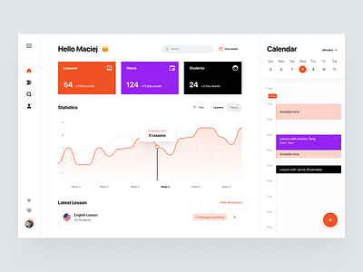 Find Your Tutor App - Student Management analytics app availability calendar chart clean dashboard graph kpi language lesson management menu messages overview sidebar statistics student teacher widelab