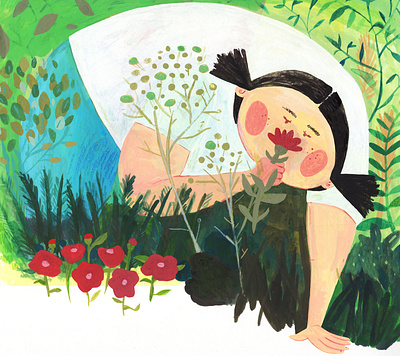 Smell the Flowers childrens illustration colorful gouache illustration illustration art plant illustration traditional art whimsical women in illustration