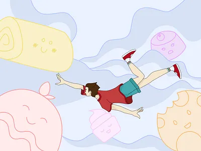 dream adventure boy clouds dream flat flight guy happy illustration sweets vector web weightlessness