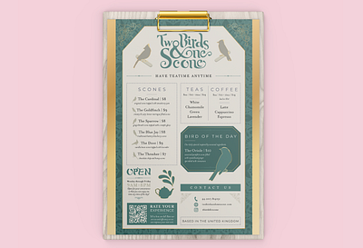 Two Birds & One Scone branding design graphic design logo design menu design packaging