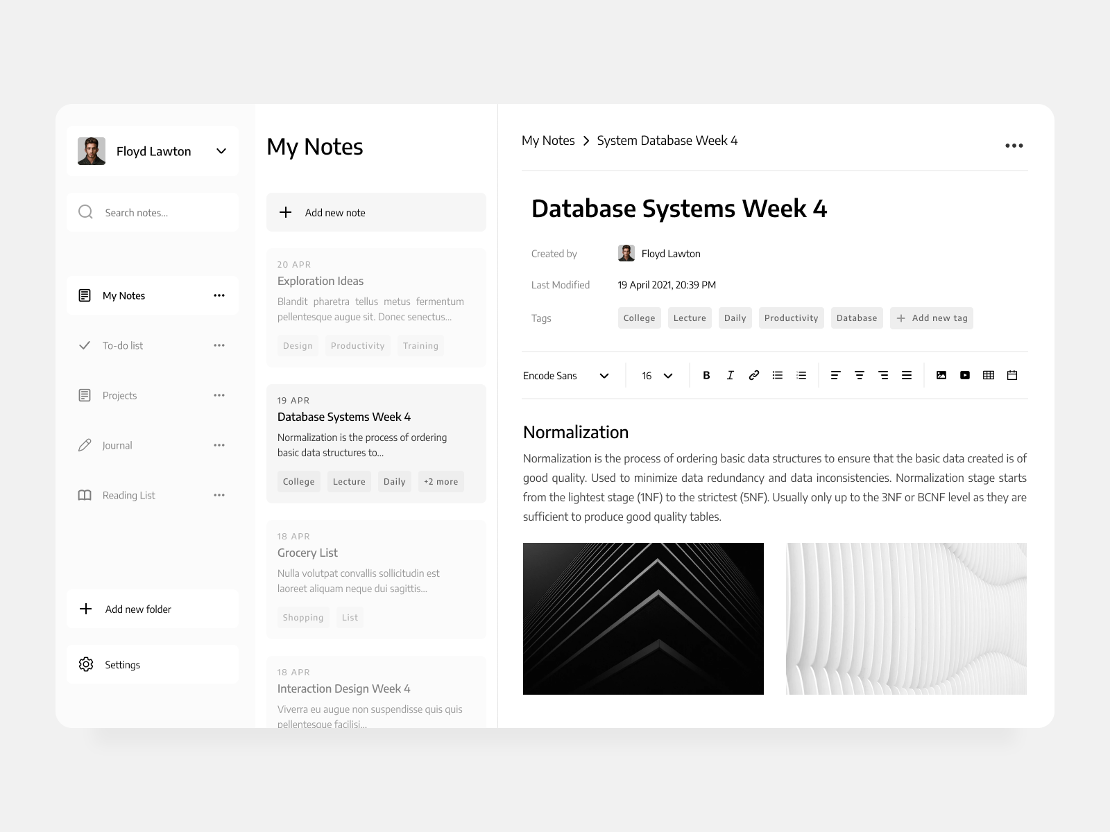 Example of Notes App Dashboard Concept
