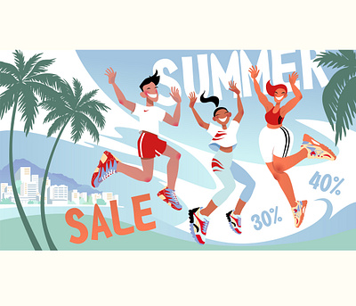 Illustration with summer characters. art artwork cartoon cartoon character character coastal town digital illustration fun illustration palm sea sport summer summertime vector