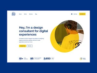Freelance Product Designer banner blue clean dark mode designer freelancer header portfolio product yellow