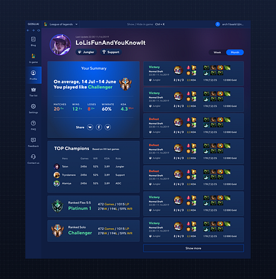 Game profile for GOSU.AI cybersport dark ui game profile game ui gaming ui league of legends ui design ux ui ux design web