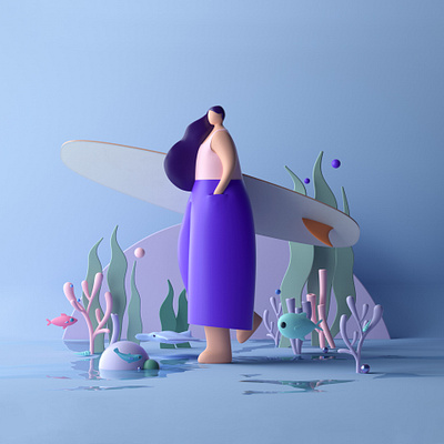 Character - SurfGirl & Lagoon 🏄‍♀️🐠 3d 3d art adobe art board c4d character charactersdesign cinema 4d colors design girl illustration maxonc4d octane photoshop render surf surfing ui