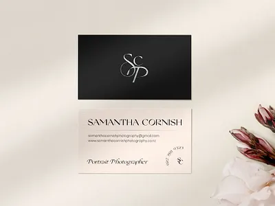 Feminine business card design for a portrait photographer brand identity branding business card business card design business cards embossing feminine logo logo design logotype monogram photographer serif typeface silver foil typography typography design typography logo
