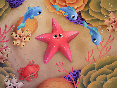 Starfish animals cartoon character childrens illustration coral reef corals crab cute digital fish illustration marine nature ocean sand sea sea star starfish underwater water