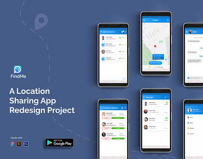 Findme - A Location Sharing App Redesign Project app design app inspiration app screen concept design figma inspiration location app modern app design modern ui redesign concept trendy design ui design