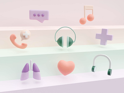 Minimalistic 3D icons 3d animation 3d modeling blender branding cute design headphones health icon set iconography icons icons pack icons set illustration messenger mindfulness minimalism minimalistic pastel color