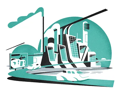 Car factory architecture city cityscape editorial illustration illustrator minimalist retro texture vector