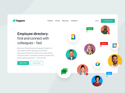 Happeo Employee directory branding ctas google happeo intranet landingpage people product page product page design ux webdesign webpage