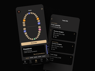 Dental Clinic App black clinic dark dark app dark ui design gold grey list mobile mobile app teeth tooth ui uiux ux