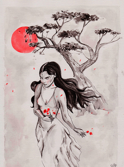 sunset beauty design feminine illustration japan poetry sunset water color woman