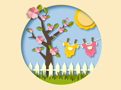 Spring composition. Adobe Illustrator tutorial grass illustration paper paper cutout pink spring sun vector